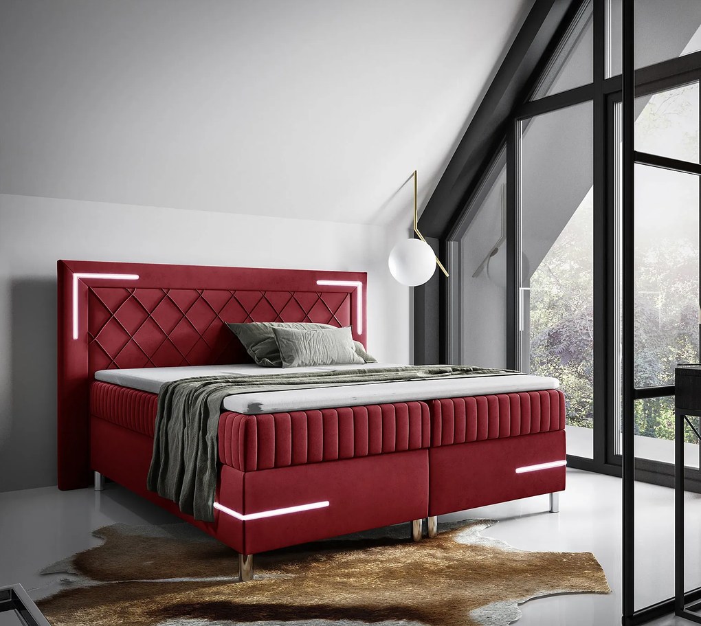 Czerwone welurowe łóżko kontynentalne LED 5 rozmiarów L4-S16