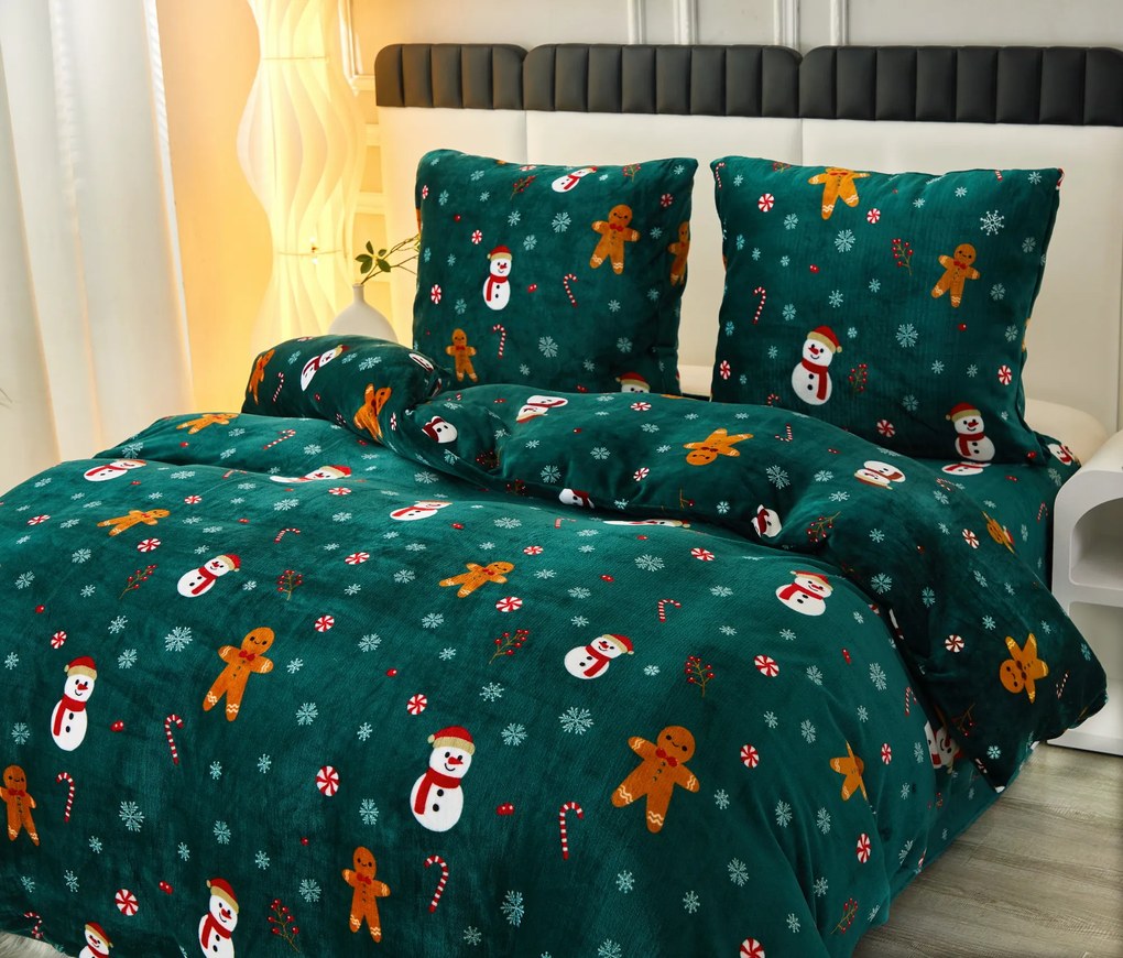 PrzytulneMieszkanie.pl PrzytulneMieszkanie.pl Pościel z mikropluszu SNOWMAN AND GINGERBREAD zielone Rozmiar pościeli: 2 szt 70 x 90 cm | 200 x 220 cm