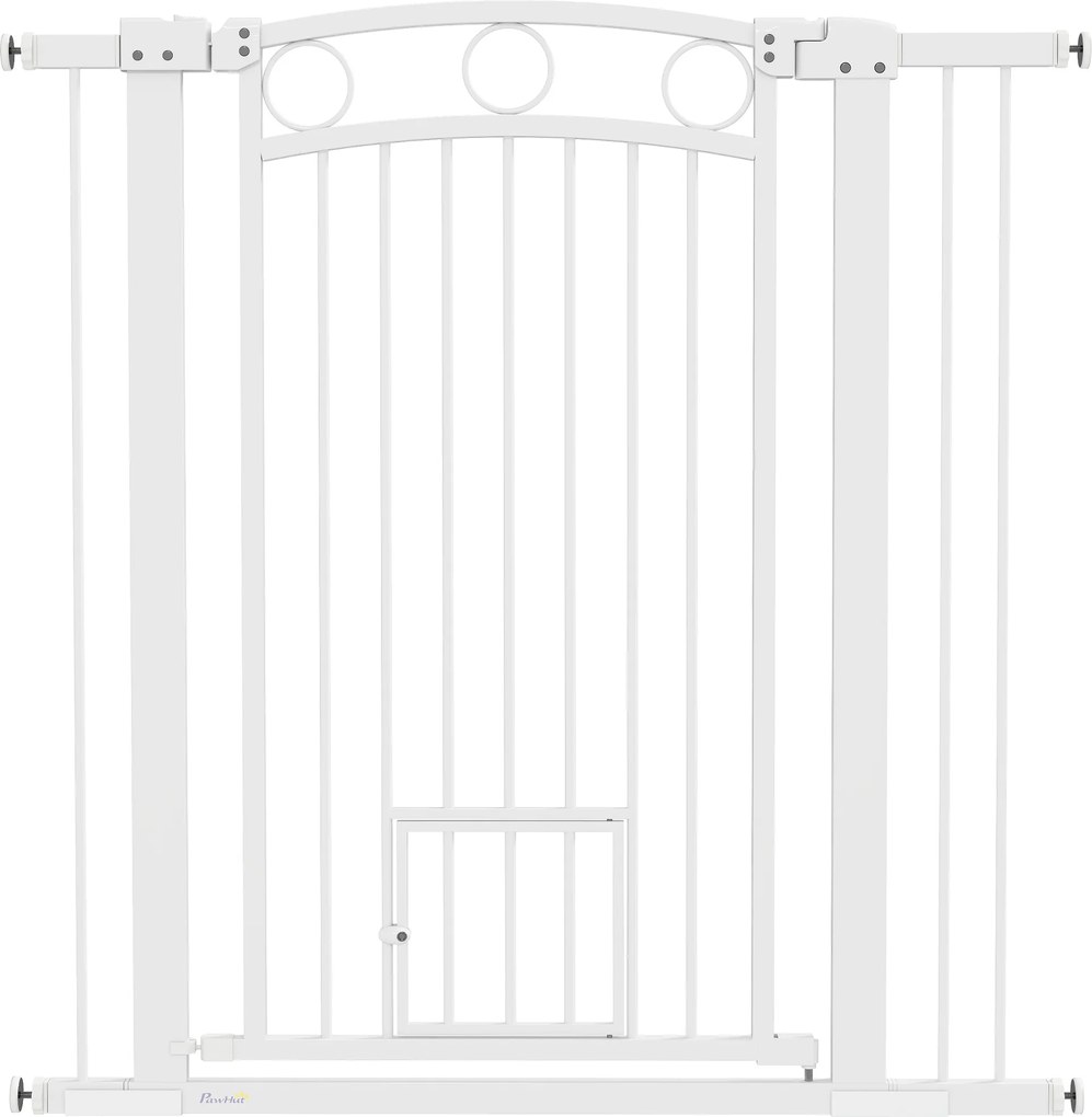 PawHut 106 cm Wysoka Bramka dla Zwierząt z Regulacją Szerokości, Wbudowane Drzwiczki dla Kota, dla Schodów i Drzwi, Biała