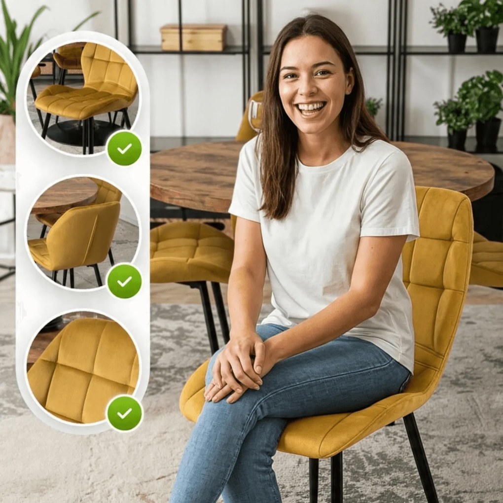 Krzesło Tapicerowane do Jadalni LUCKY Musztardowe Welurowe Nowoczesne Loft