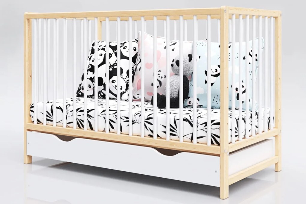 Łóżeczko Dominik biało-sosna 120/60 z szufladą