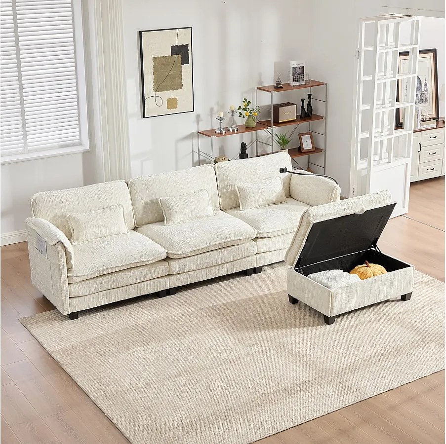 Sofa 3-osobowa, sofa narożna z portem USB, kieszeniami bocznymi i uchwytem na telefon - Beżowy szenil