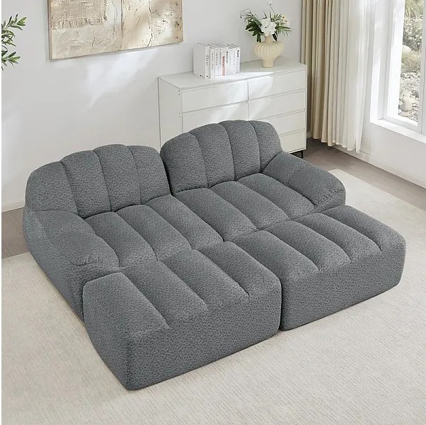 Canapé 2 places modulable en velours côtelé - avec 2 pouf - 68cm d'assise profonds - 210x165x79cm - Gris