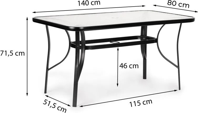 Stół ogrodowy 140x80 cm z otworem na parasol Tulum 094, czarny