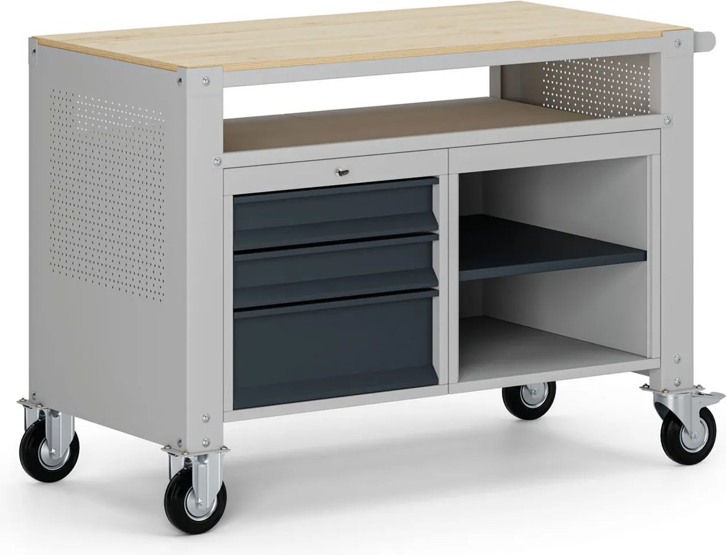 Mobilny stół warsztatowy G9, 2 półki, 3 szuflady, 1180 x 595 x 865-1130 mm, szary/grafitowy