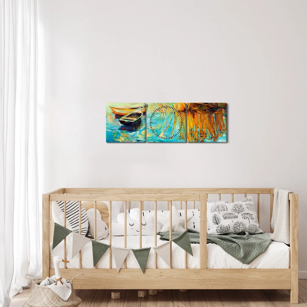 Obraz - Jezioro z łodziami (z zegarem) (90x30 cm)