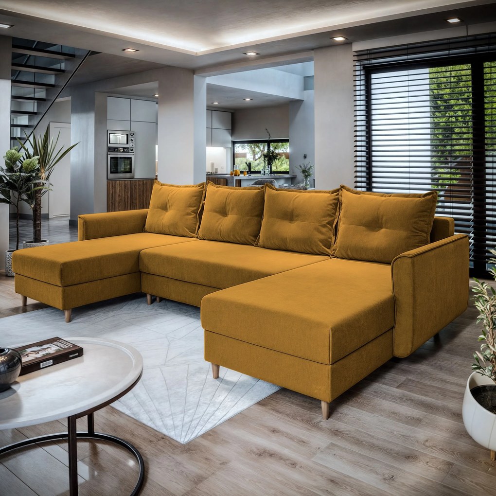 Masseno Narożnik VERNI z funkcją spania i pojemnikiem na pościel Narozniki U, Rozkładana sofa - Żółty, KRONOS 01