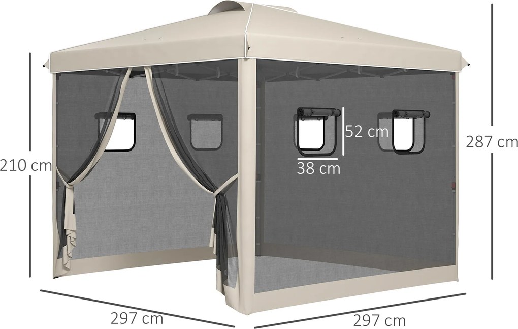 Outsunny Pawilon składany, regulowana wysokość, zasłony z siatki, torba transportowa, stelaż stalowy, 3 x 3 x 3 m, Beżowy