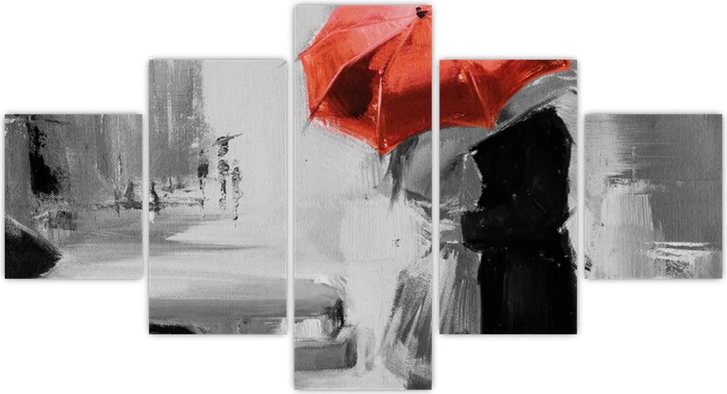 Obraz - Zakochana para pod parasolem, czerwony (125x70 cm)