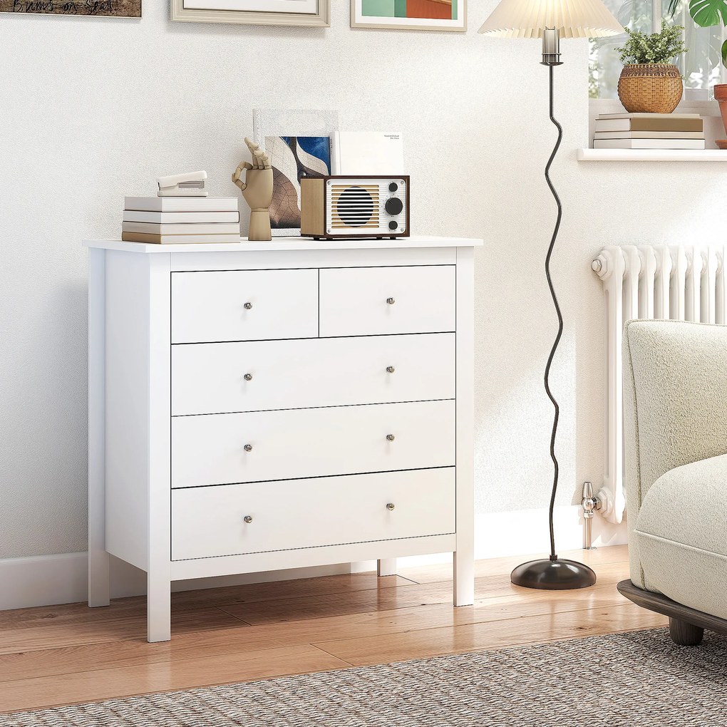 HOMCOM Stylowa Komoda 5-Szufladowa - Biały Kolor, 79x39,5x80,5cm - Praktyczny Mebel do Sypialni