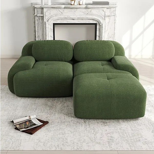 Modułowa sofa narożna 2-osobowa - z Welur - z 2 poduszkami i pufą - ergonomiczna - 208x178x75cm - Zielony