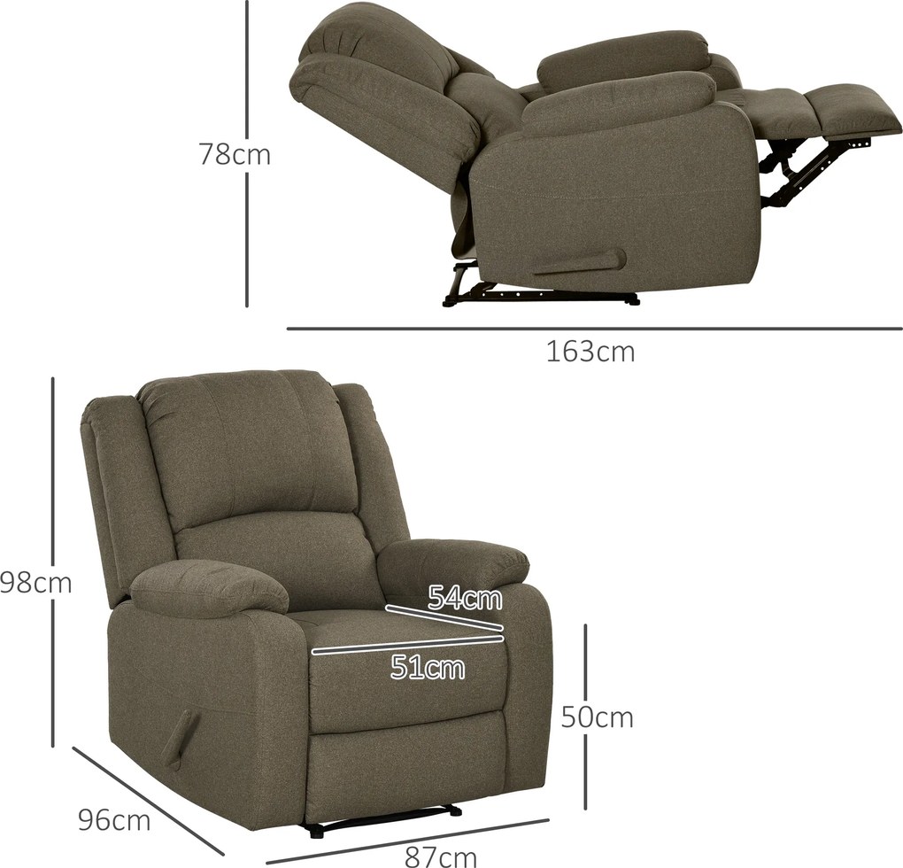 HOMCOM Fotel Relaksacyjny, Funkcja Leżenia i Podnóżek, Regulowany, do 150 kg, Stelaż Stalowy, 90 x 96 x 98 cm, Brązowy