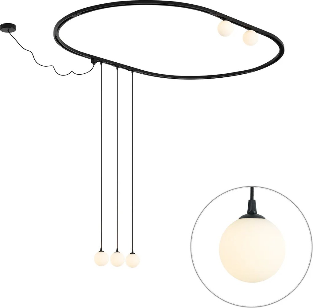 Nowoczesny owalny system szynowy czarny z 3 lampami wiszącymi i 2 lampami sufitowymi białymi 1-fazowy - Iconic Perle
