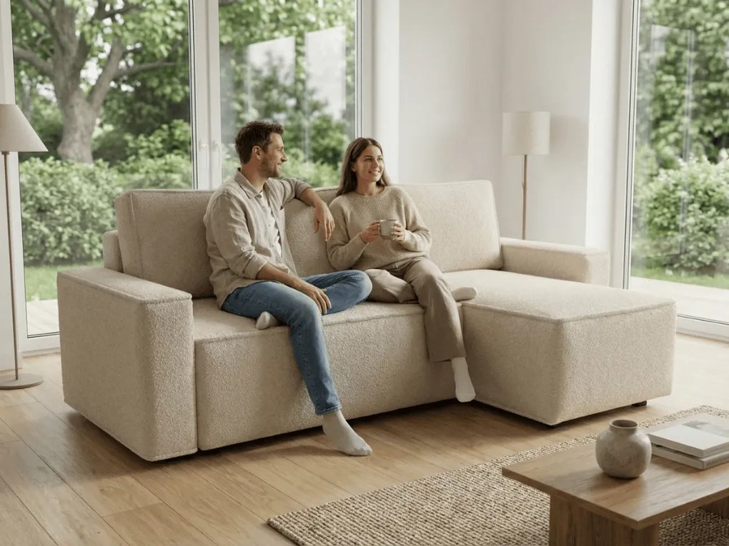 Rozkładana dwustronna sofa narożna w kształcie L SMART BOUCLE 232x143 cm, kremowa