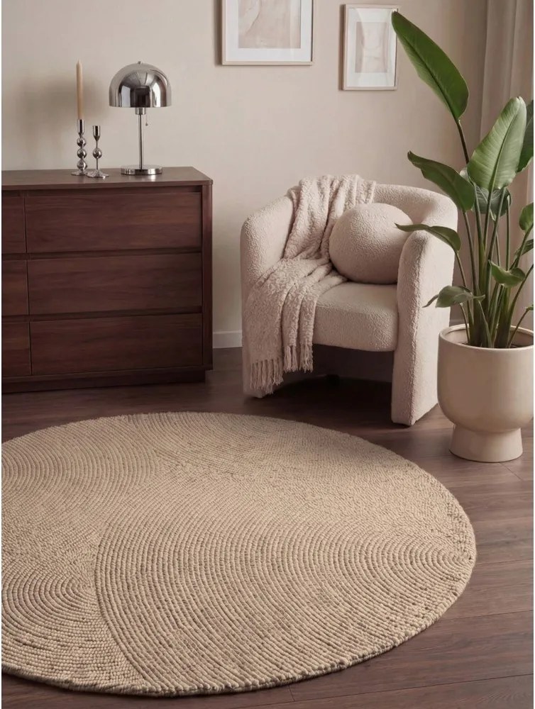 Beżowy wełniany okrągły dywan tkany ręcznie ø 150 cm Calmio – Hanse Home