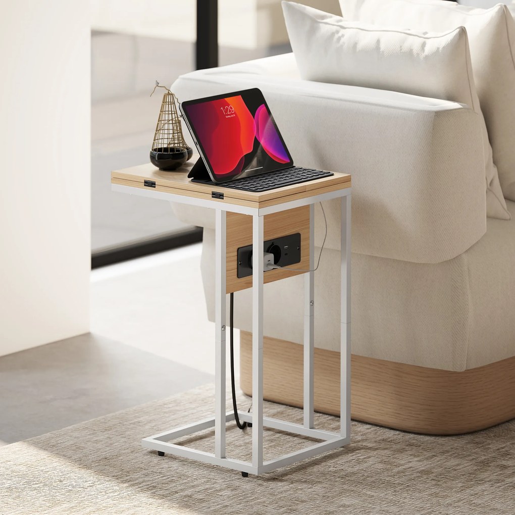 HOMCOM Składany stolik boczny, stacja ładująca z portami USB, metal, 39 x 29 x 57 cm, kolor drewna | Aosom PL