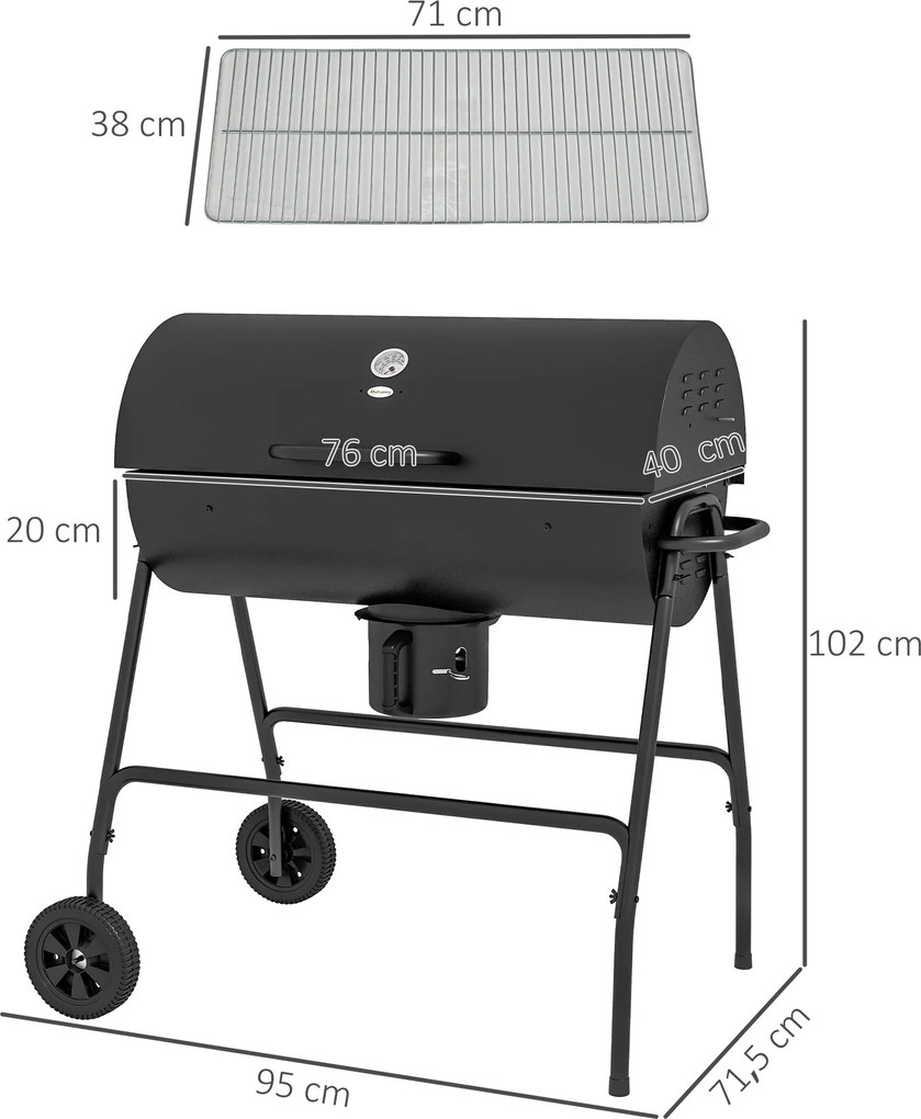 Outsunny Grill węglowy Metal BBQ z pokrywą Termometr Koła Wózek grillowy 95x71,5x102 cm Czarny