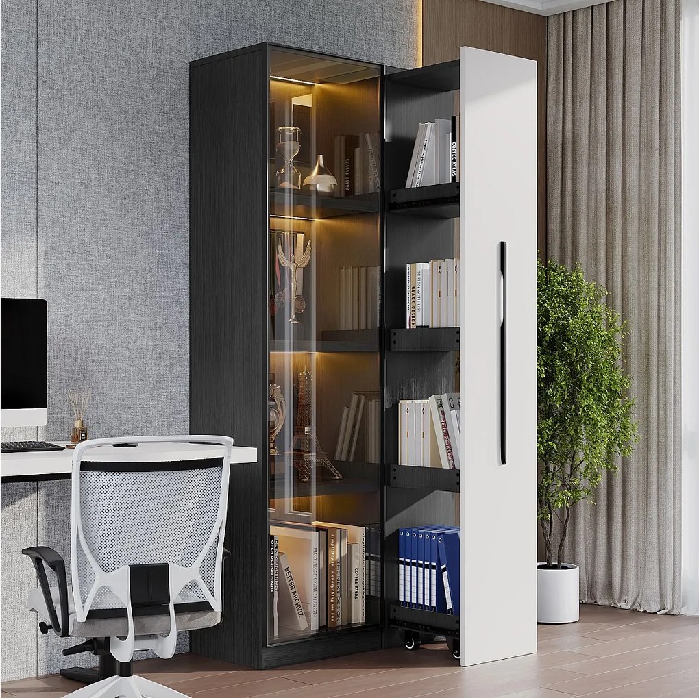 Witryna z drzwiami szklanymi i diodami LED - 70 x 40 x 160 cm - z przesuwaną półką boczną - MDF - czarny + biały