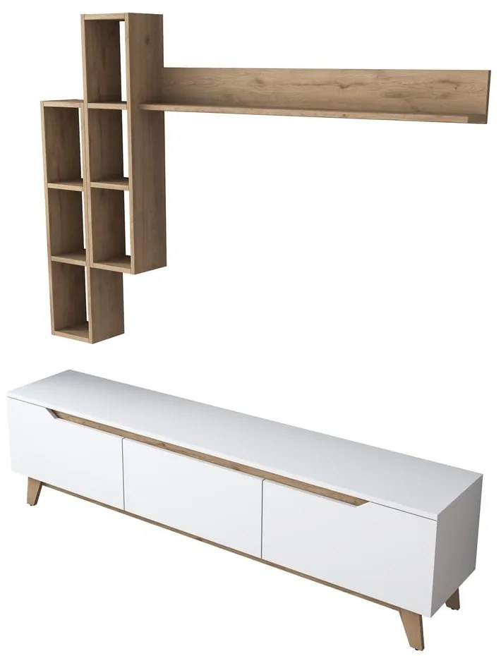 Biały zestaw pod TV w dekorze orzecha 180x49 cm Linh – Kalune Design