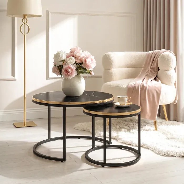 Zestaw Stolików Kawowych ARON 70 cm/50 cm Czarny Marmur Glamour
