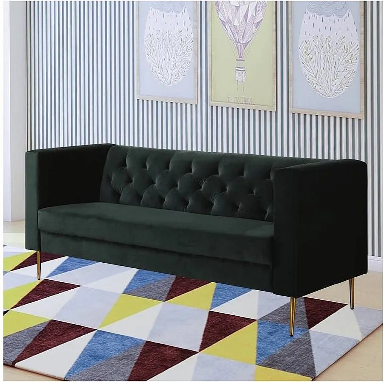 Kanapa nierozkładana "Bruce" z weluru - 196 x 76 x 82 cm - 3 miejsca - Ciemnozielona