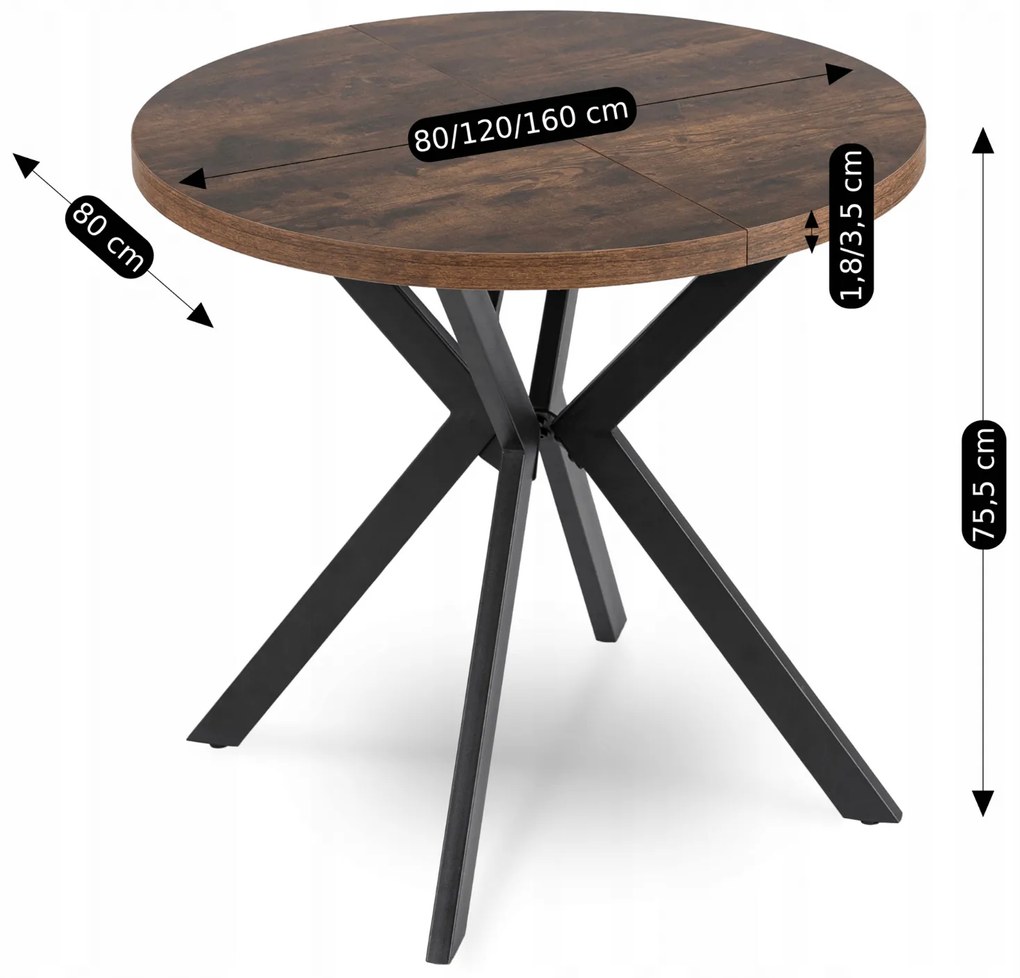 Stół Okrągły Rozkładany DORIAN 80-160 cm Dąb Rustykalny/Czarny Nowoczesny Loft