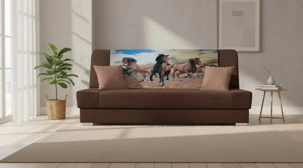 Brązowa wersalka rozkładana z motywem koni F5-M01