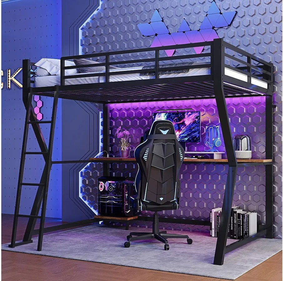 Łóżko antresola 90 x 200 cm z biurkiem, gniazdem USB i półkami - Oświetlenie nastrojowe - Metal - Czarne (bez materaca)