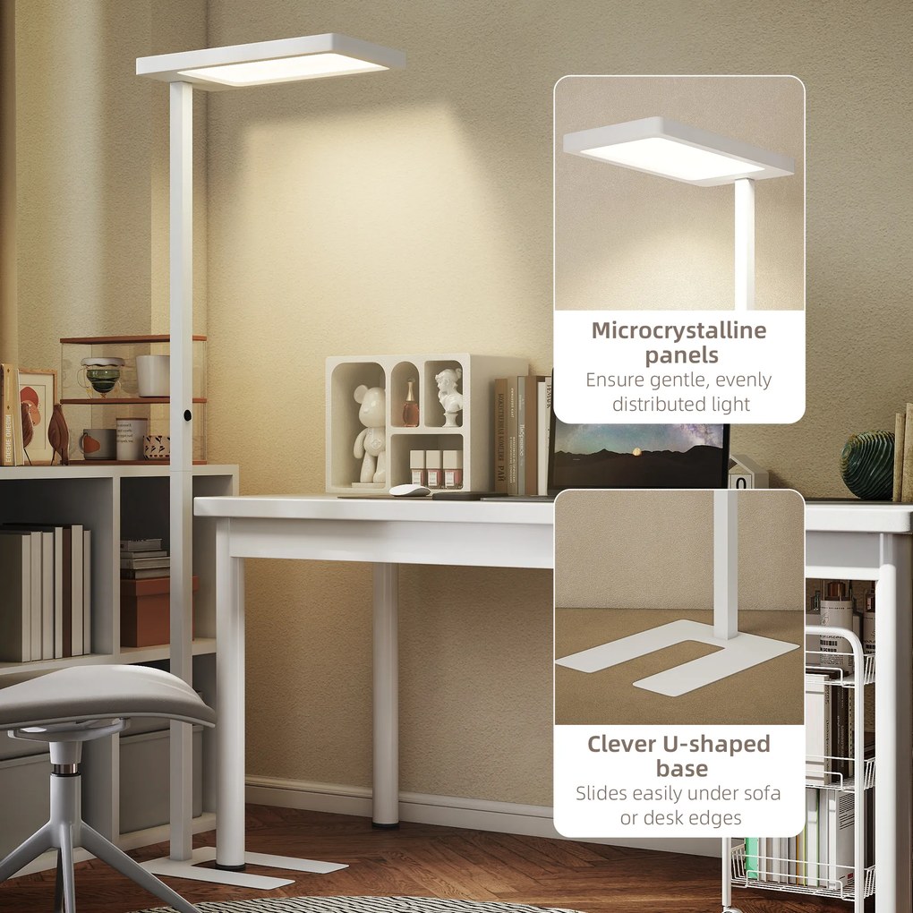 HOMCOM Lampa stojąca LED, łagodne dla oczu światło, lampa podłogowa z pilotem, regulacja jasności, tworzywo sztuczne, metal, biały