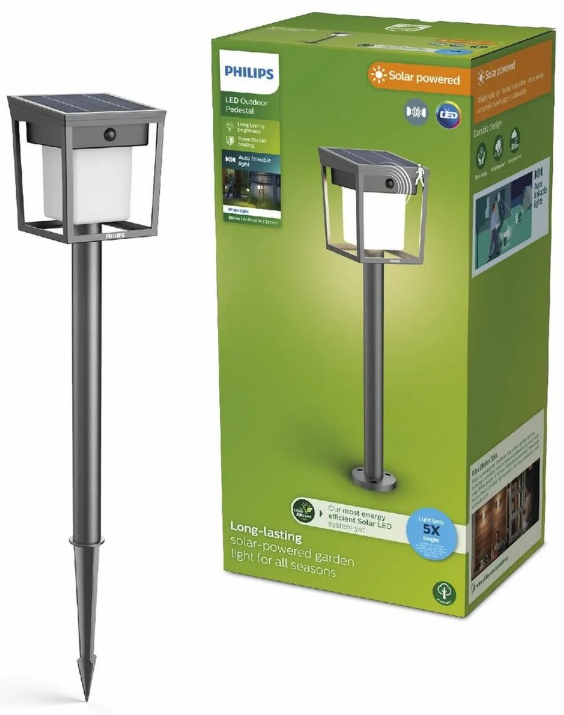 Philips Blaise UltraEfficient słupek solarny LED zczujnikiem, antracytowy, 1,5 W, 250/20 lm, 3000 K