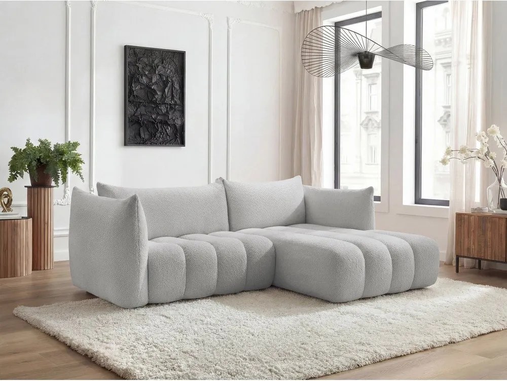 Jasnoszary narożnik z materiału bouclé (prawostronny/z szezlongiem) Azra – Bobochic Paris
