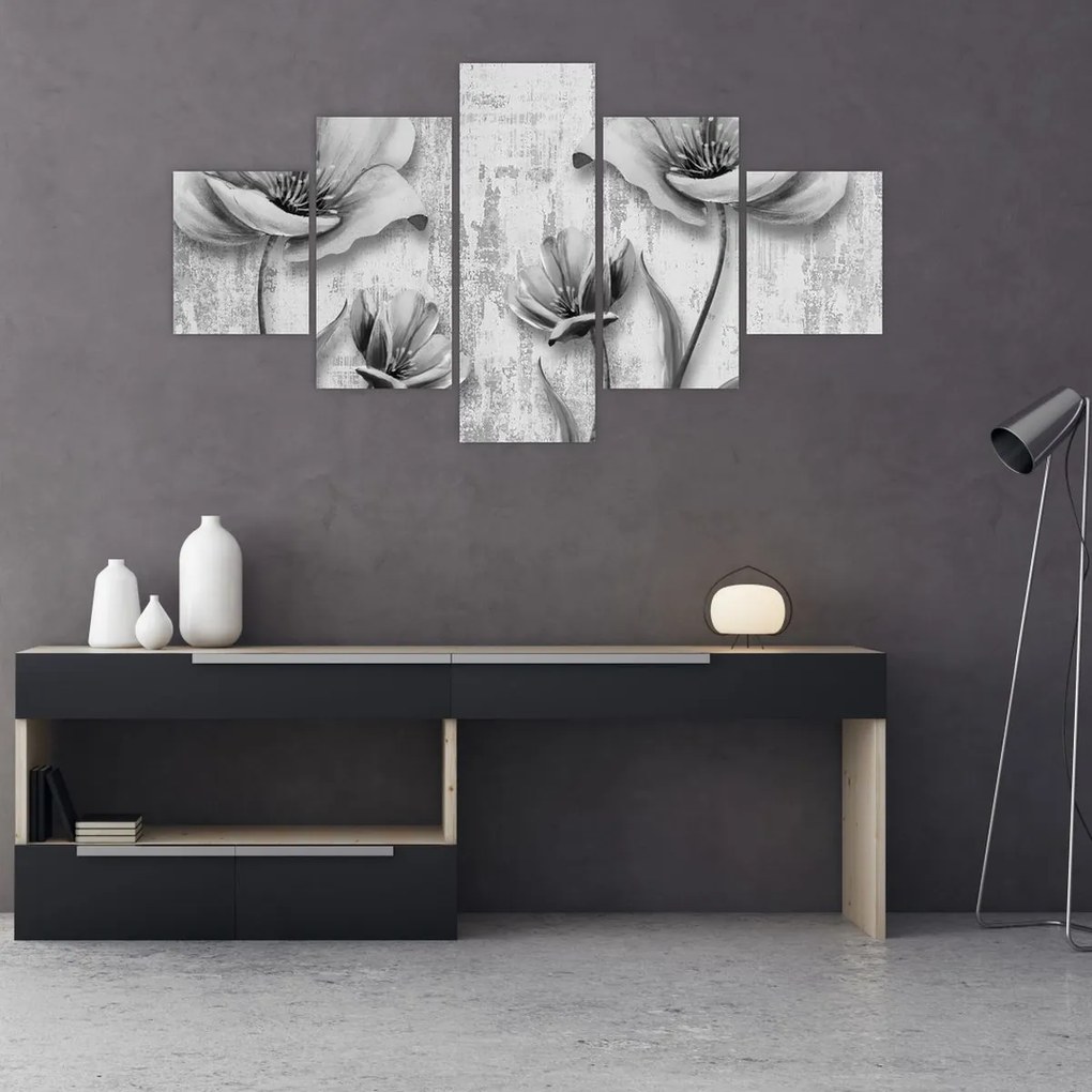 Obraz - Czarno-białe kwiaty na tle (125x70 cm)