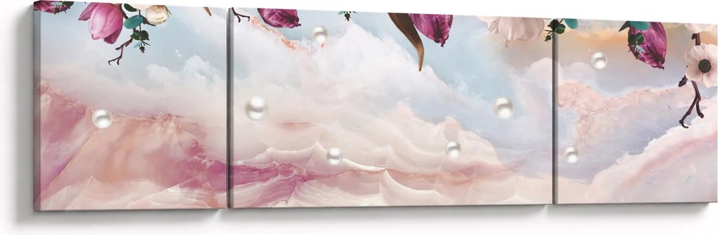 Obraz różowych kwiatów z różowym marmurem (170x50 cm)