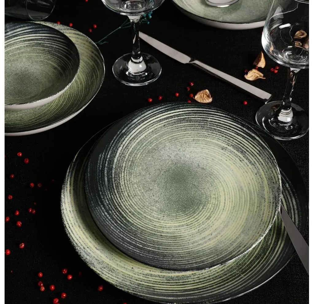 Komplet obiadowy 24 szt. zielony/czarny/porcelana