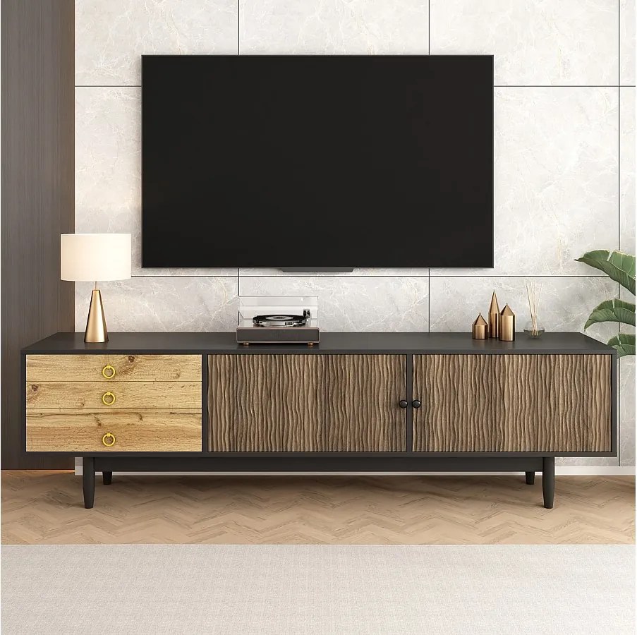 Szafka RTV 180 cm z 3 szufladami do przechowywania i 2 drzwiami z falistym efektem - Czarna i drewniana