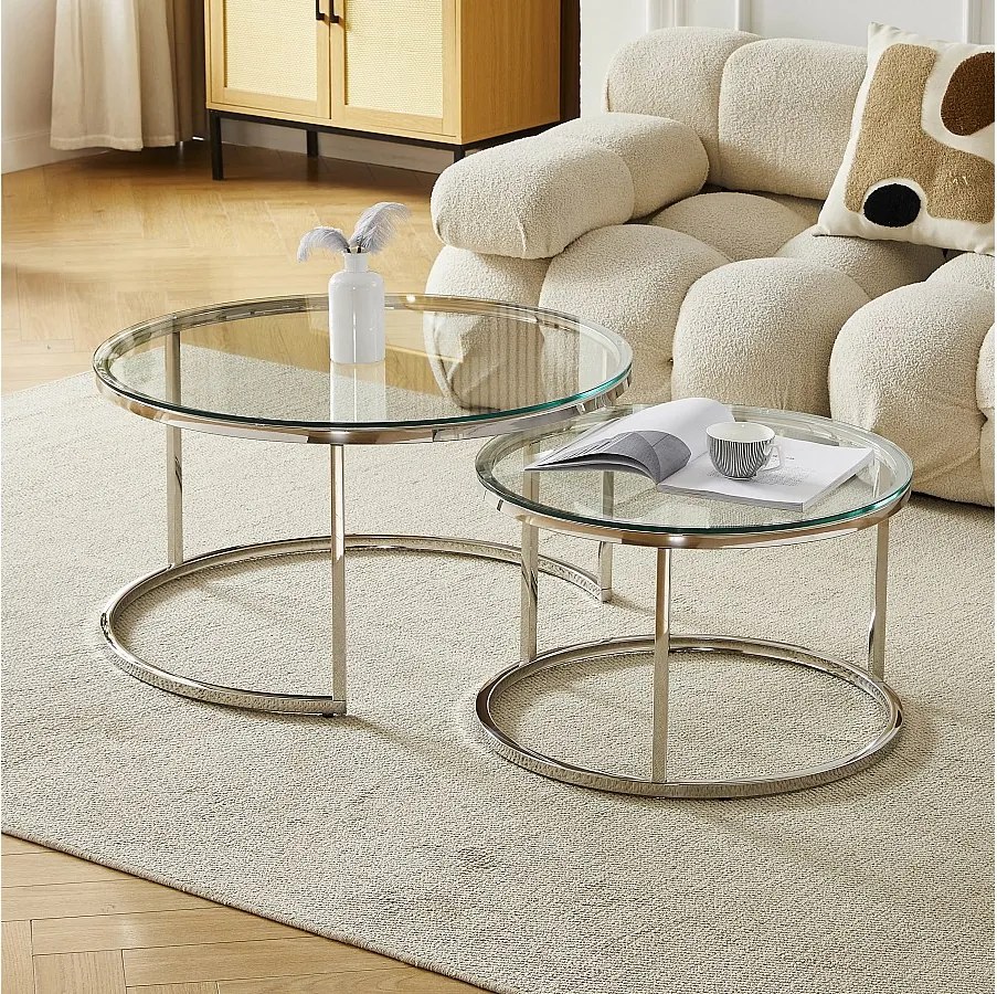 Zestaw stolików kawowych MILA – Hartowane szkło przezroczyste i srebrny metal