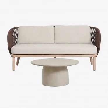 Zestaw Do Salonu Z Dwuosobową Sofą Z Plecionej Liny Capri Oraz Okrągłym Stolikiem Kawowym Ø75 Cm Z Cementu Layana Chocolate - Sklum