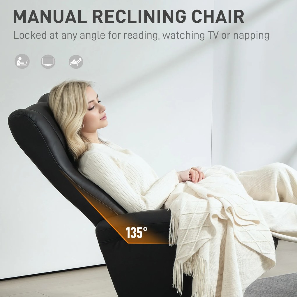 HOMCOM Obrotowy Fotel z Podnóżkiem, w Wyglądzie Skóry, z Regulowanym Oparciem, do 150 kg, Czarny