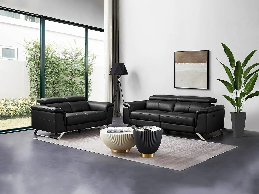 Kanapa 3-osobowa rozkładana elektryczna i Kanapa 2-osobowa ze skóry w kolorze czarnym BREYT II