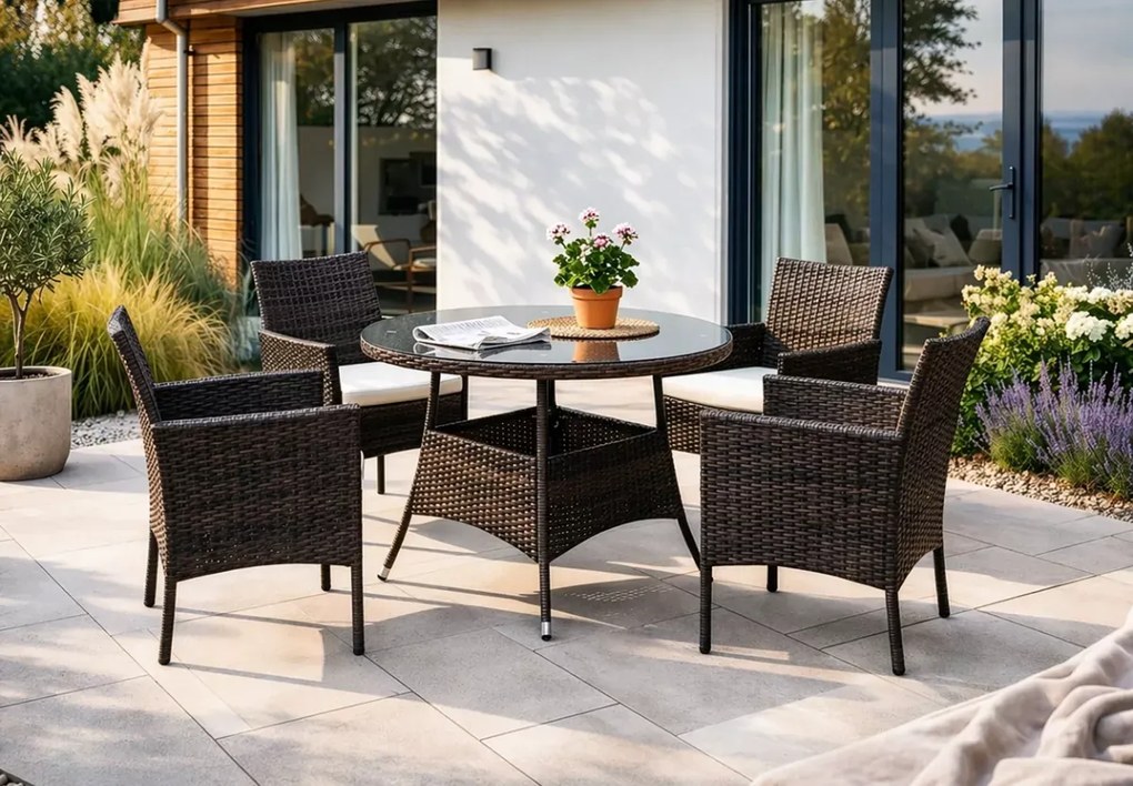 Zestaw mebli ogrodowych German technorattan brązowy/beżowy 4 fotele + stół szklany na taras ogród balkon elegancki komplet