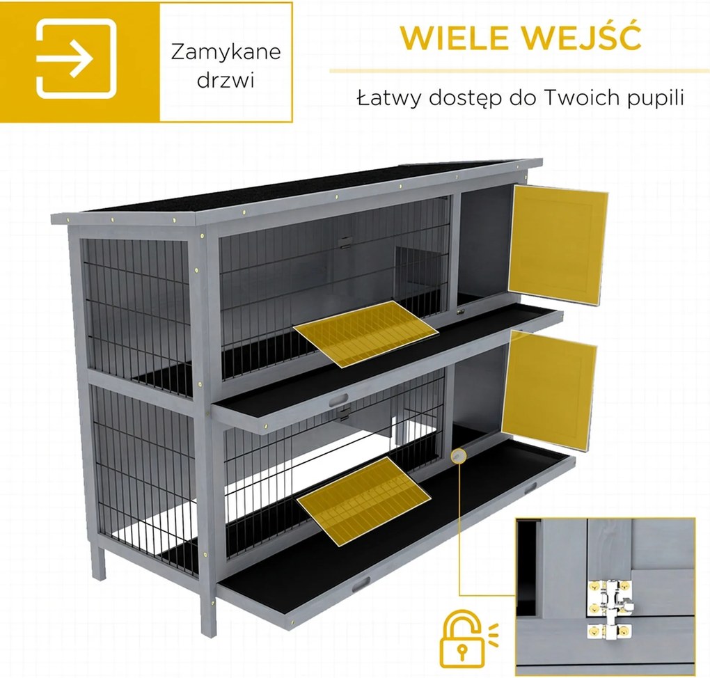 PawHut Klatka dla królików z drewna z 2 poziomami, dach z papy, tacki na dno, drzwi dla małych zwierząt, 136,4 x 50 x 93 cm, szara | Aosom PL