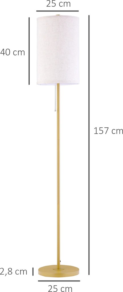 HOMCOM Lampa Stojąca, Elegancka Lampa Podłogowa ze Stali z Abażurem z Tkaniny, Lampa do Salonu, Przełącznik na Łańcuszku, Złoto+Biały