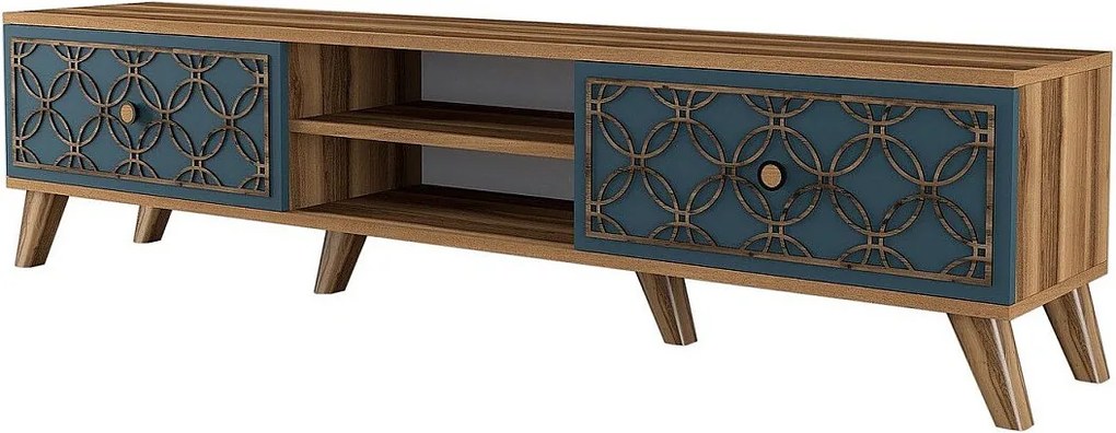 Nowoczesna szafka pod telewizor – 180 x 44 x 35 cm – orzech i chalcedon – melamina