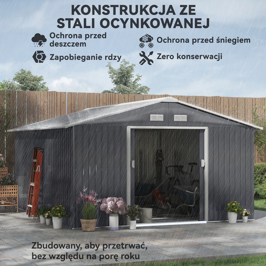 Outsunny Szopa Ogrodowa, Wodoodporny Domek na Narzędzia Ogrodowe, z Oknami Wentylacyjnymi, Drzwiami Przesuwnymi, Stal, Węgielny Szary
