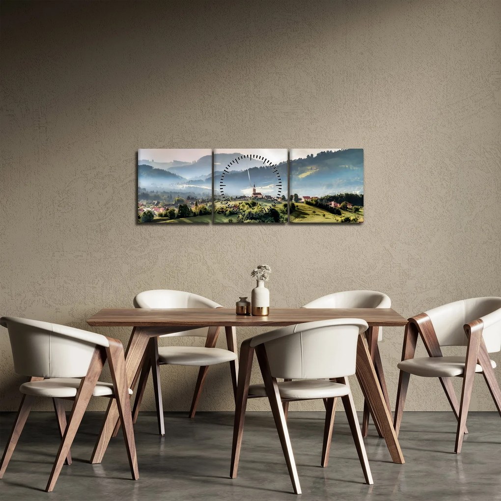 Obraz - wieś we mgle (z zegarem) (90x30 cm)