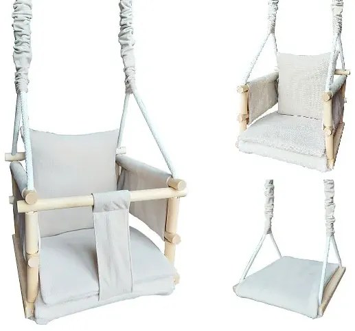 Beżowa drewniana huśtawka dziecięca 3w1 N5-H57