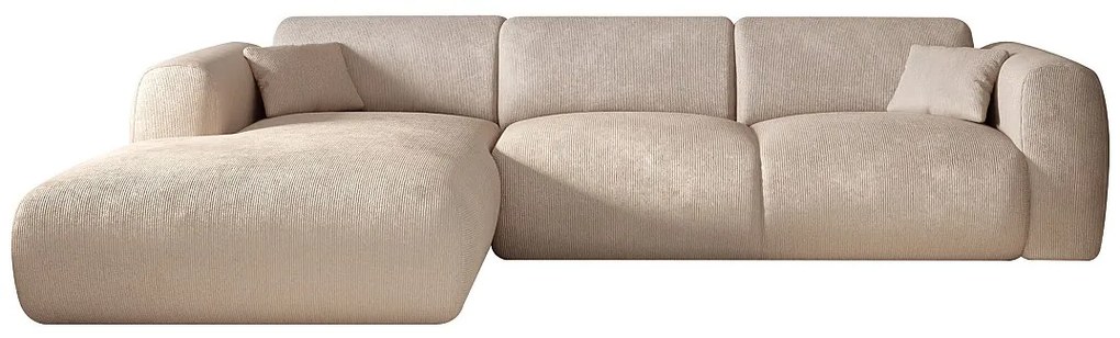 Duża kanapa narożna lewostronna z beżowej teksturowanej tkaniny POGNI marki Maison Céphy
