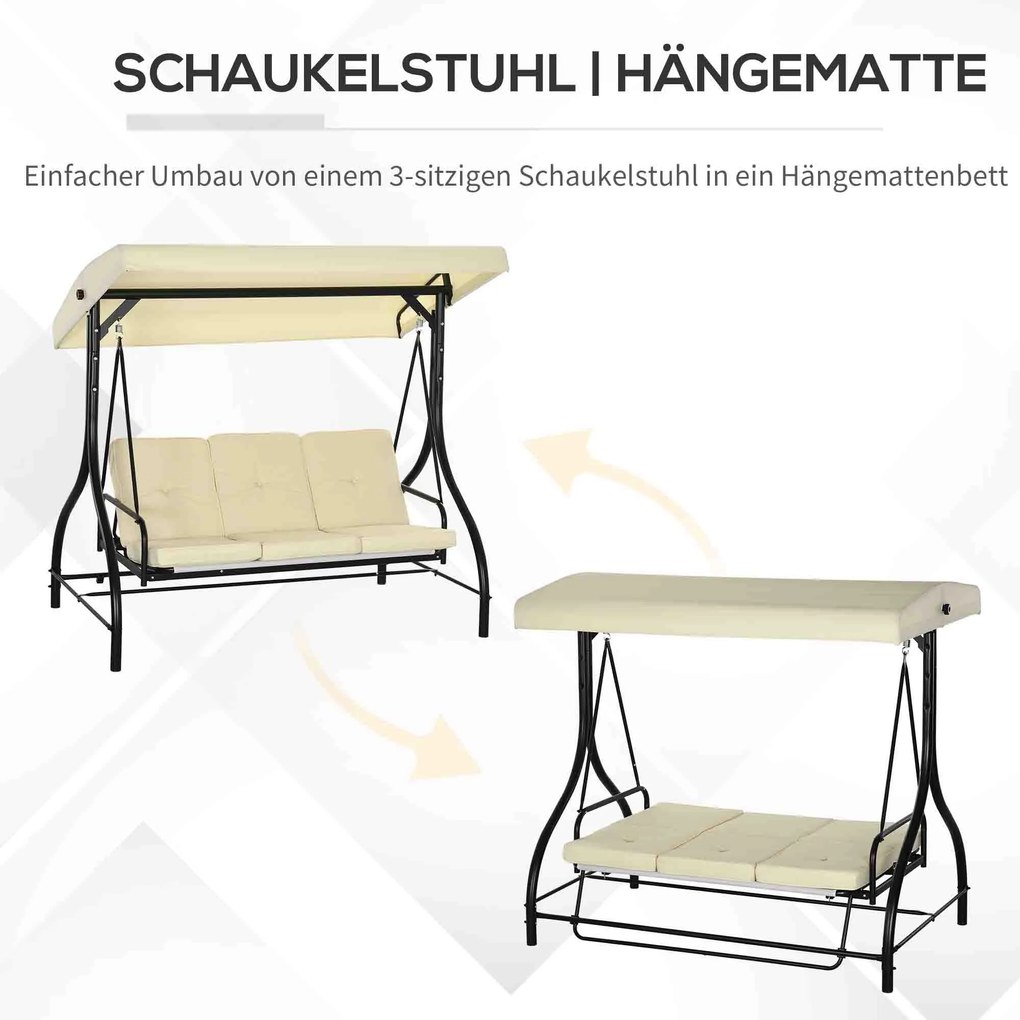 Outsunny Huśtawka Ogrodowa z Ochroną Przeciwsłoneczną, 3 Miejsca, Łóżko Huśtawkowe