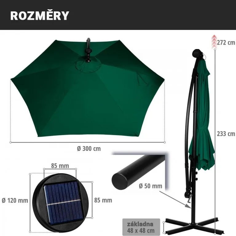 STILIST Parasol ogrodowy z rączką 3 m, zielony + LED