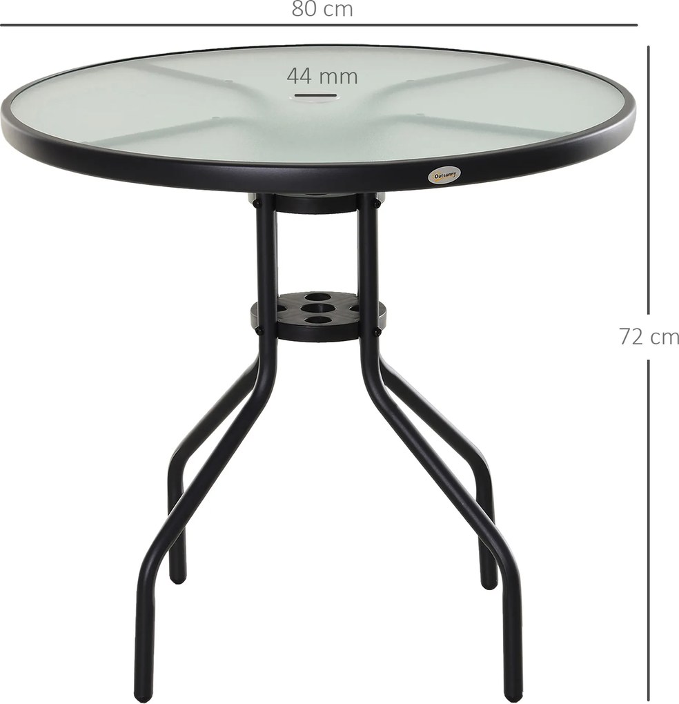Outsunny® stół ogrodowy balkonowy bistro meble ogrodowe otwór na parasol szkło hartowane + metal czarny ø80 x 72 cm